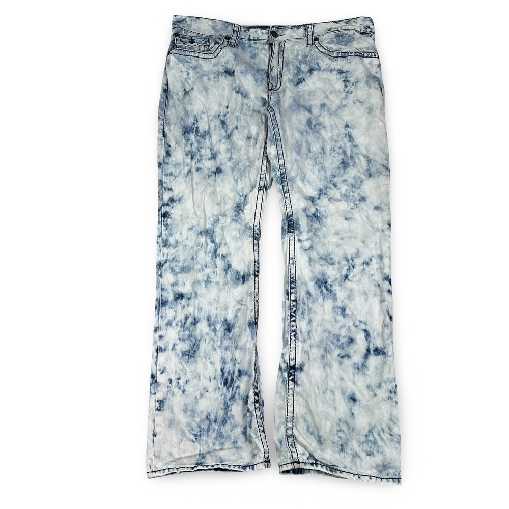 True Religion Straight Flap Acid Wash Jeans Blue White Mens‎ 44 Contrast Stitch